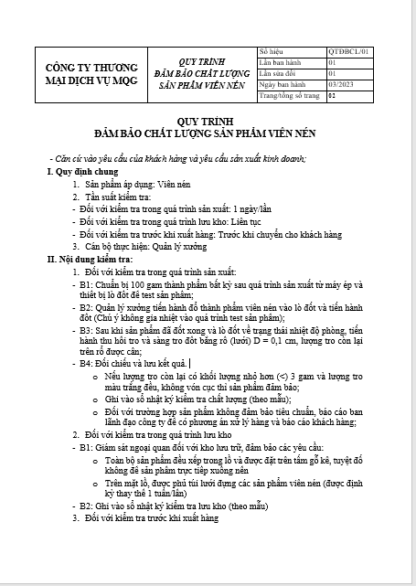 ĐẢM BẢO CHẤT LƯỢNG SẢN PHẨM VIÊN NÉN